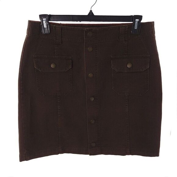 Tommy Hilfiger Jeans 2003 Y2K Solid Brown Snap Closure Cotton Skirt Womens 10 - Picture 1 of 10